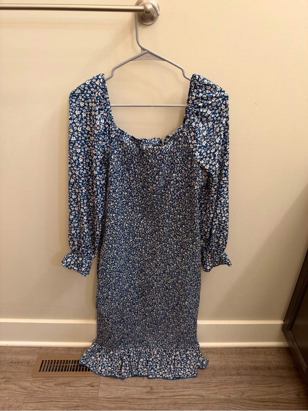 Blue Floral Long-Sleeve Midi Dress with Ruffle Hem